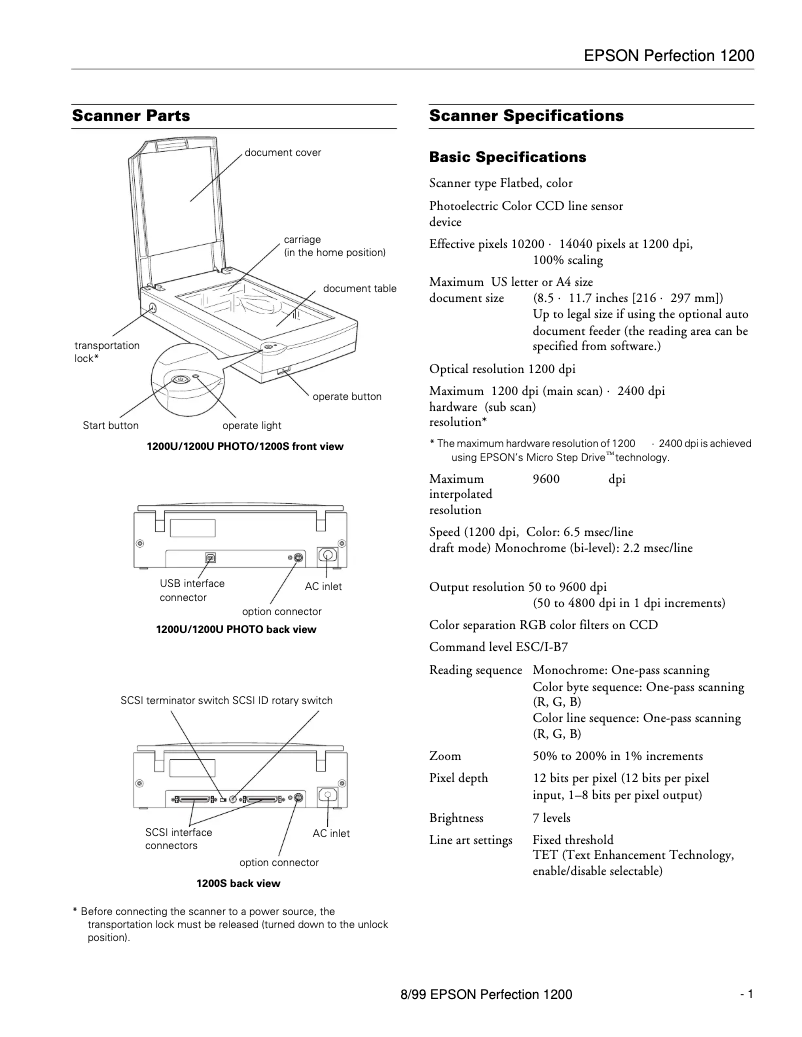 Page 1 of the manual Technical Sheet Epson Perfection 1200U