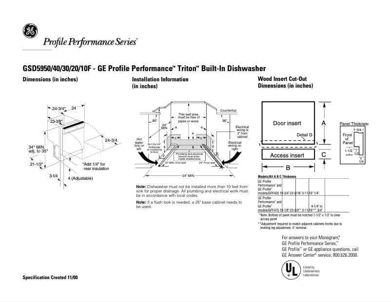 Page 1 of the manual Technical Sheet GE Profile Performance Triton GSD5940FSS