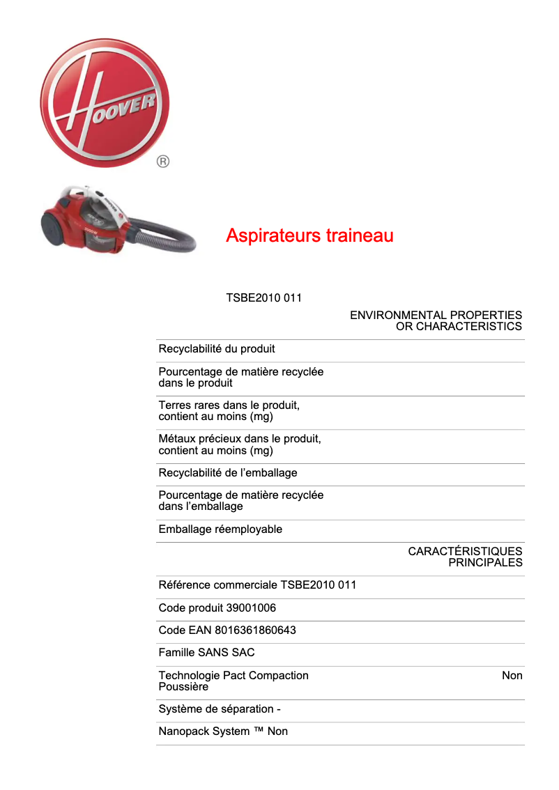 Page 1 of the manual Technical Sheet Hoover Sprint Evo TSBE2010 011