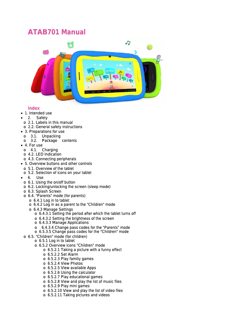 First page image of the manual for ATAB701