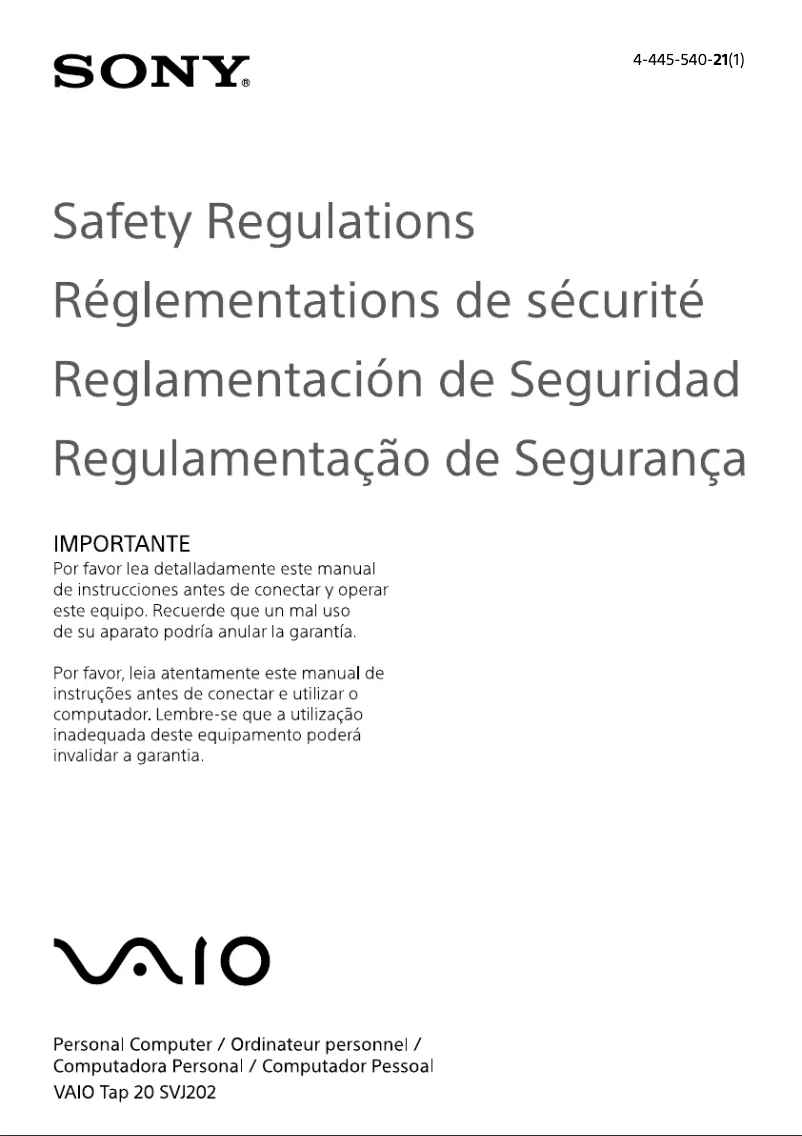 Page 1 of the manual Safety Instructions Sony Vaio SVJ20215CXB