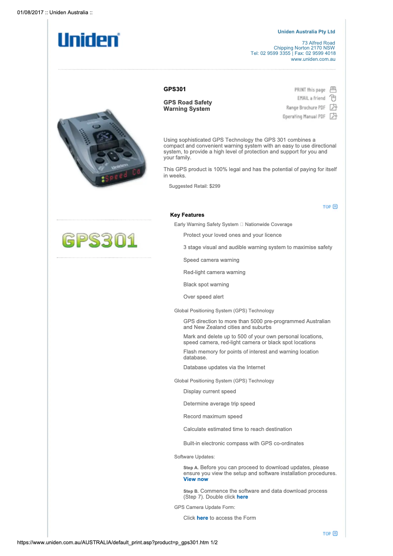 Page 1 of the manual User Manual Uniden GPS 301