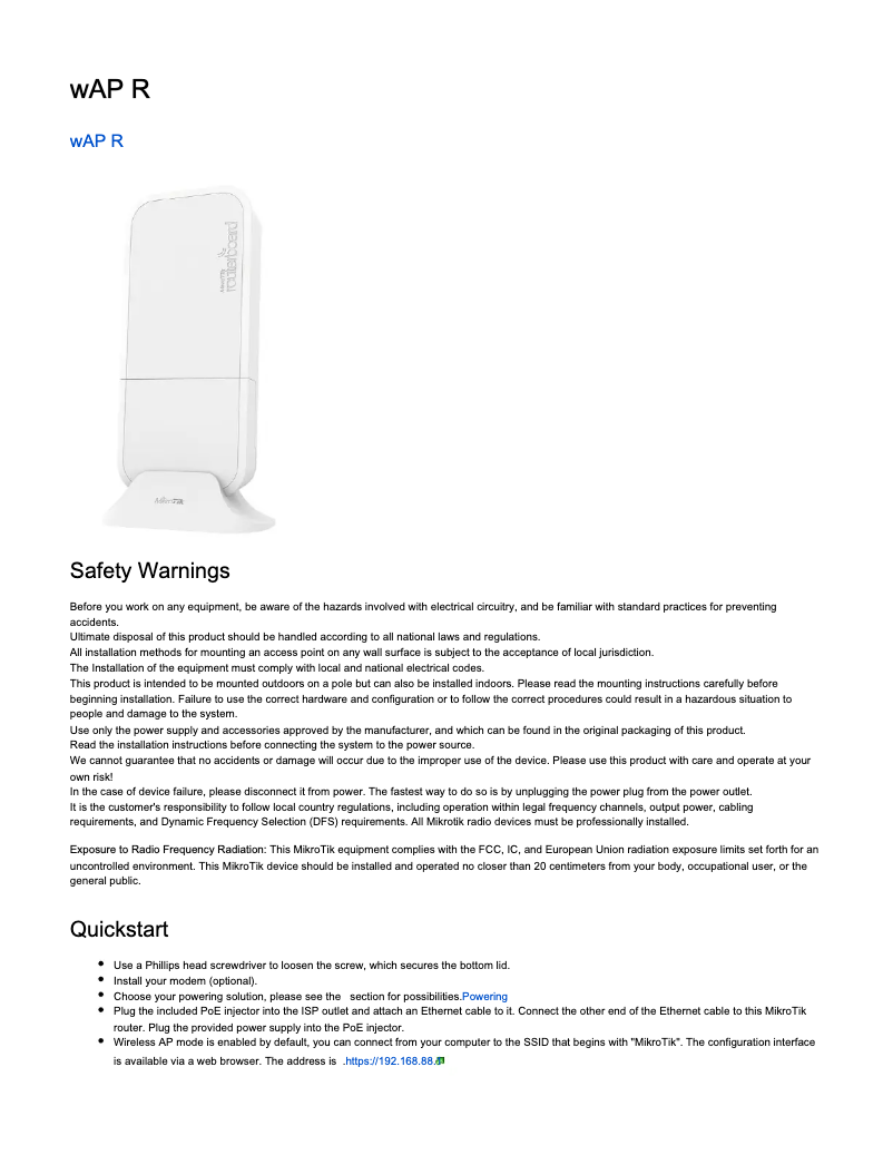 Page 1 of the manual User Manual Mikrotik WAP R