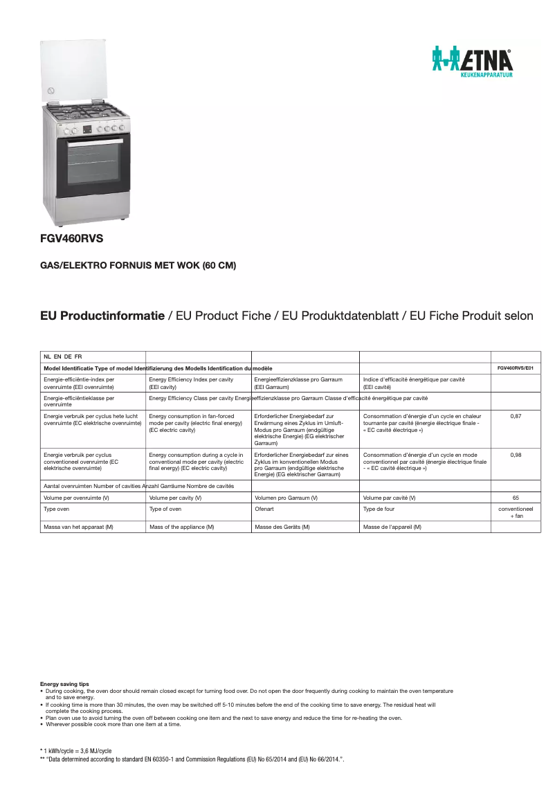 First page image of the manual for FGV460RVS