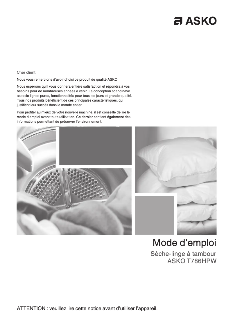 Page 1 of the manual User Manual Asko T786HPW