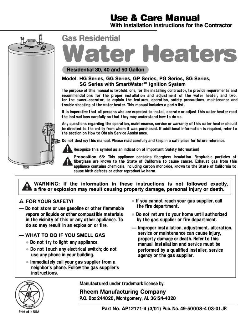 First page image of the manual for HG40T1A