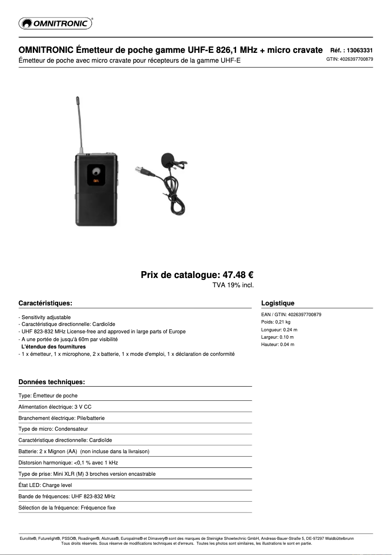 Page 1 of the manual Technical Sheet Omnitronic E 826