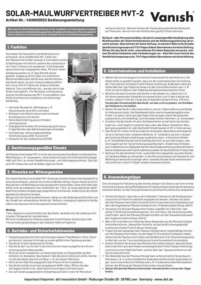 Page 1 of the manual User Manual Vanish MVT-2