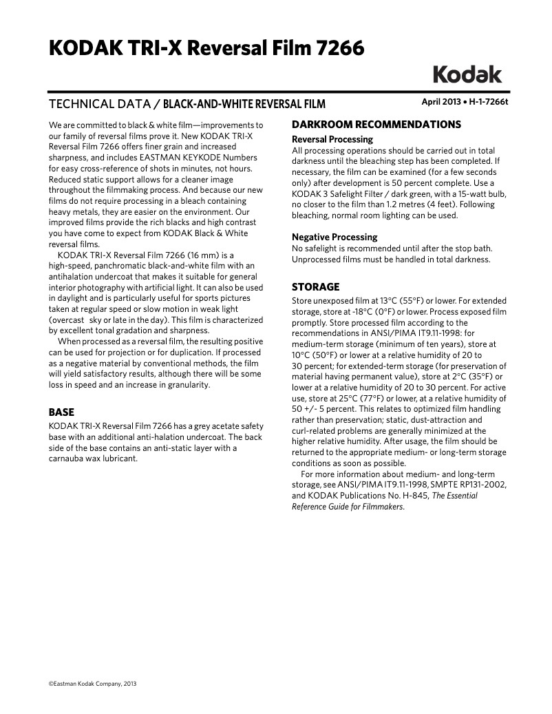 Page 1 de la notice Manuel utilisateur Kodak TRI-X Reversal Film 7266
