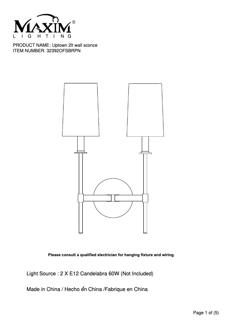 First page image of the manual for Uptown 32392OFSBRPN