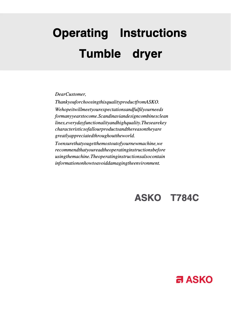 Page 1 of the manual User Manual Asko T784C
