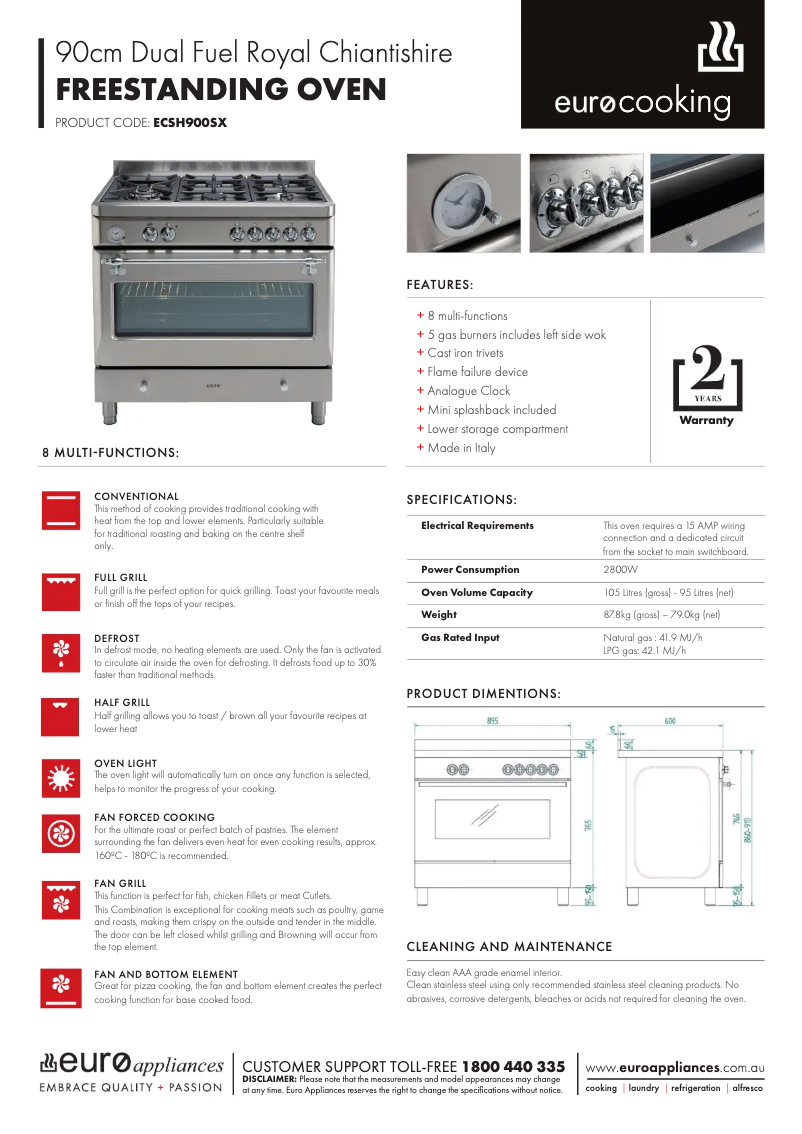 Page 1 of the manual Technical Sheet Euro Appliances ECSH900SX