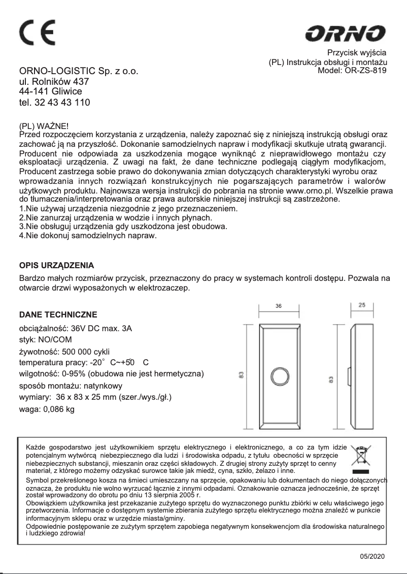 Page 1 de la notice Manuel utilisateur ORNO OR-ZS-819