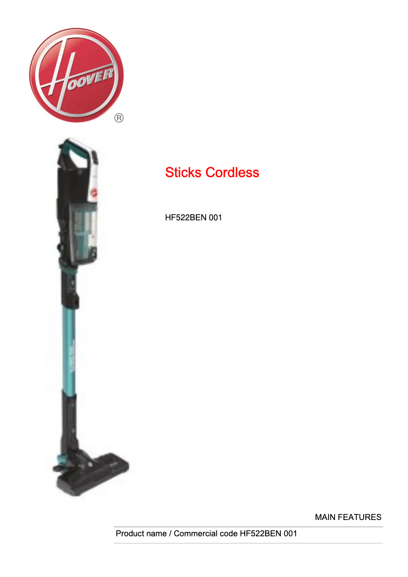 Page 1 of the manual Technical Sheet Hoover H-FREE 500 HF522BEN 001