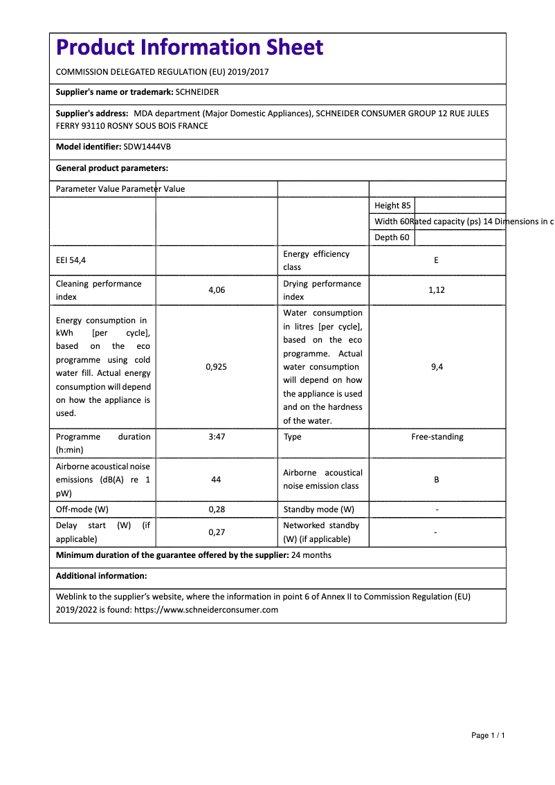 Page 1 of the manual User Manual Schneider SDW1444V