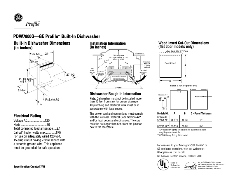 Page 1 of the manual Technical Sheet GE Profile PDW7800GCC