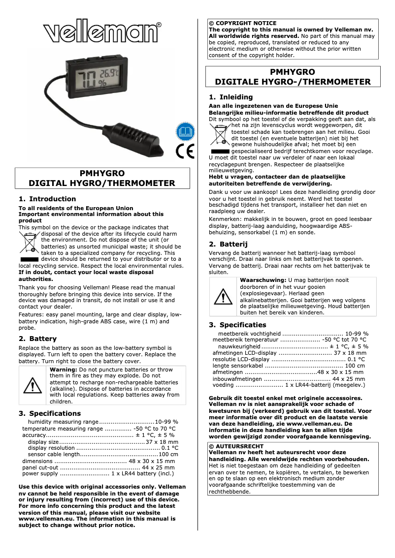 Page 1 of the manual User Manual Velleman PMHYGRO
