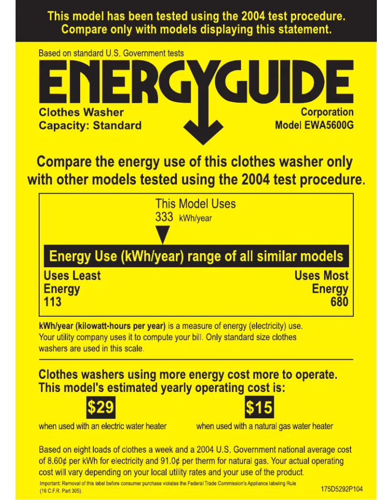 Page 1 of the manual Energy Label GE EWA5600GWW