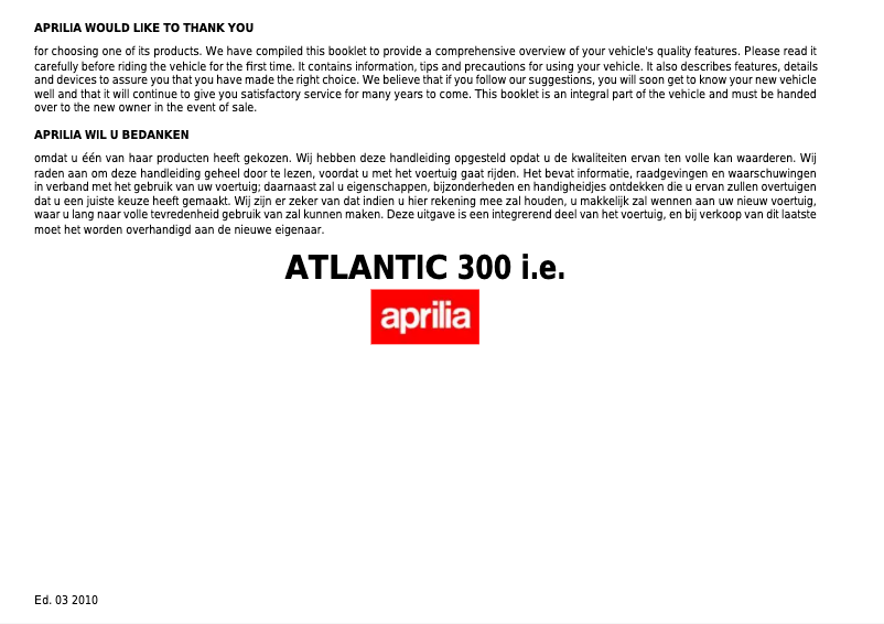 Page 1 of the manual User Manual Aprilia Atlantic 300 i.e