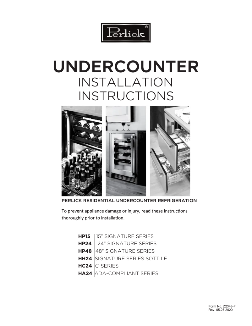 Page 1 of the manual Installation Guide Perlick HC24RB-4-4R