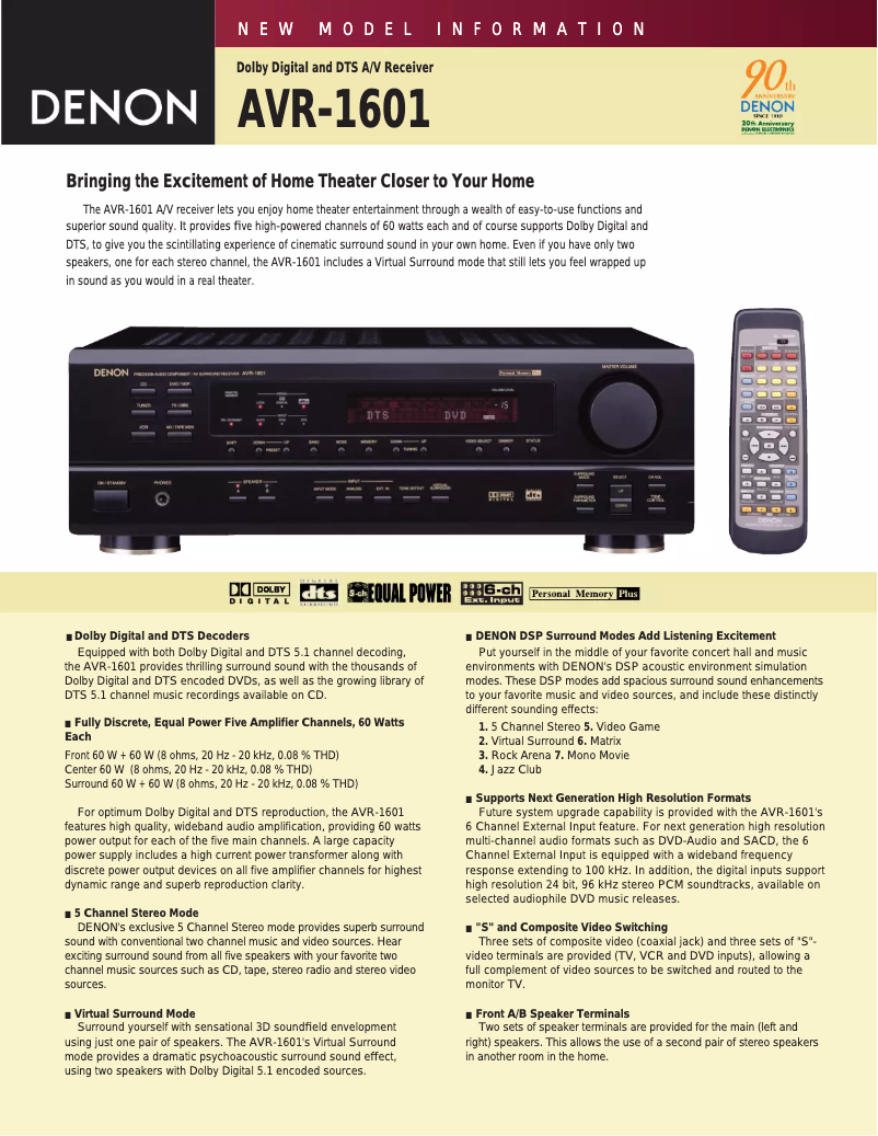 First page image of the manual for AVR-1601