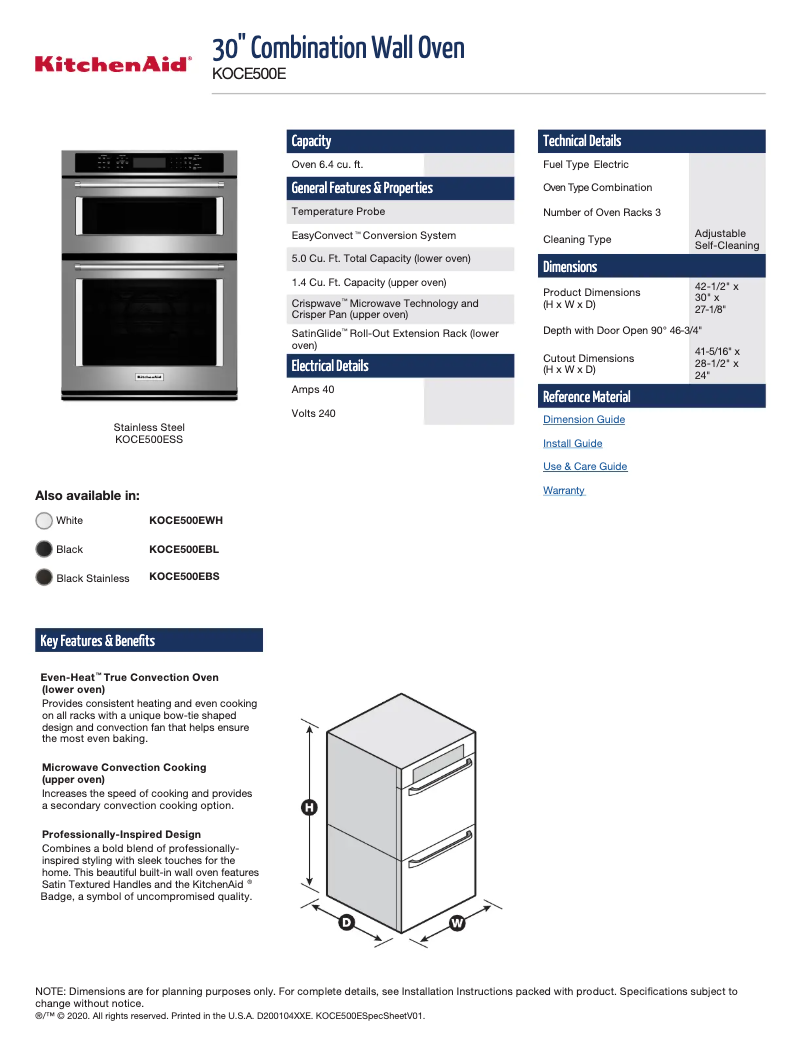 Page 1 of the manual Technical Sheet KitchenAid KOCE500ESS