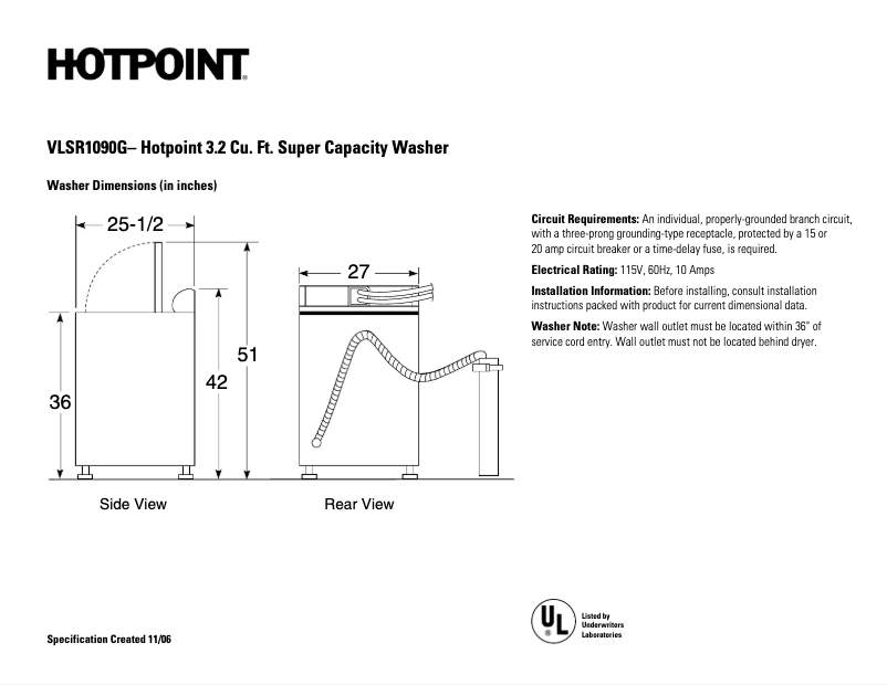 Page 1 of the manual Technical Sheet GE VLSR1090GWW