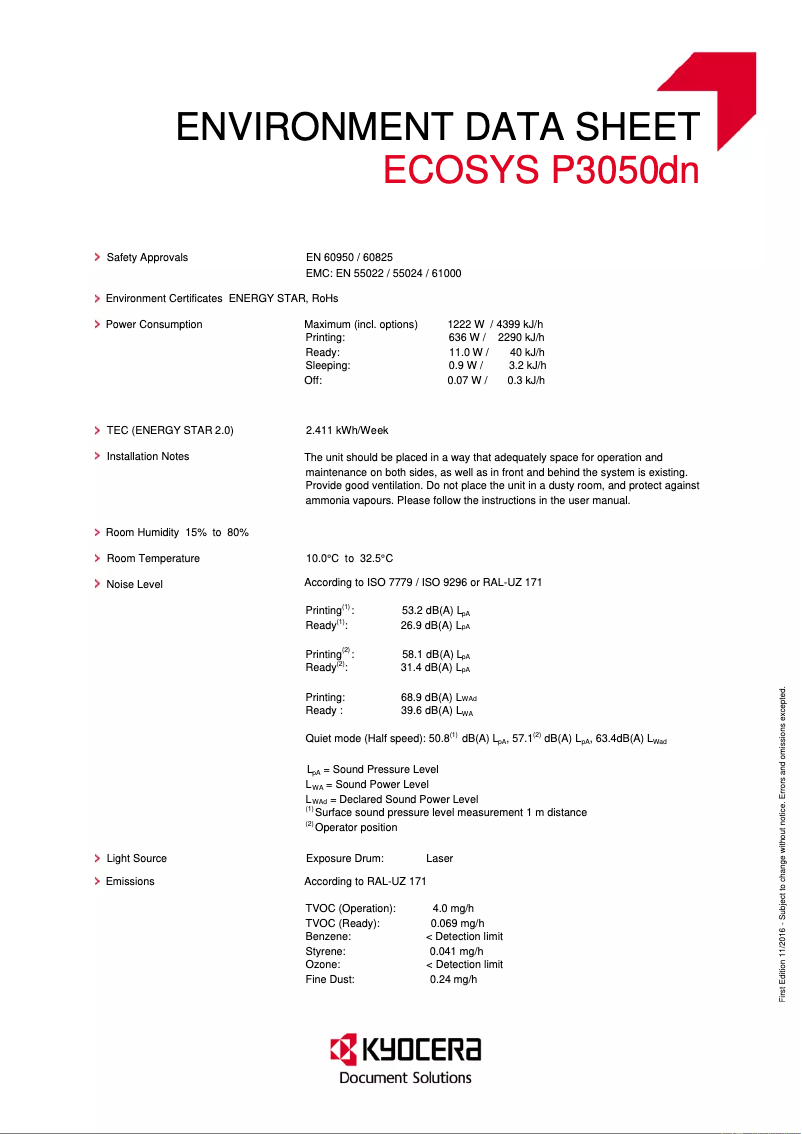 Page 1 of the manual Technical Sheet Kyocera ECOSYS P3050dn