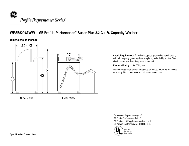 First page image of the manual for Profile WPSE5290AWW