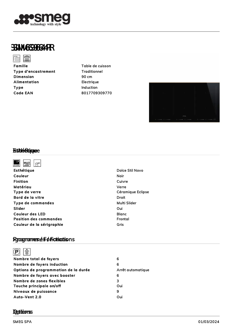 Page 1 of the manual Technical Sheet Smeg SIM6964R