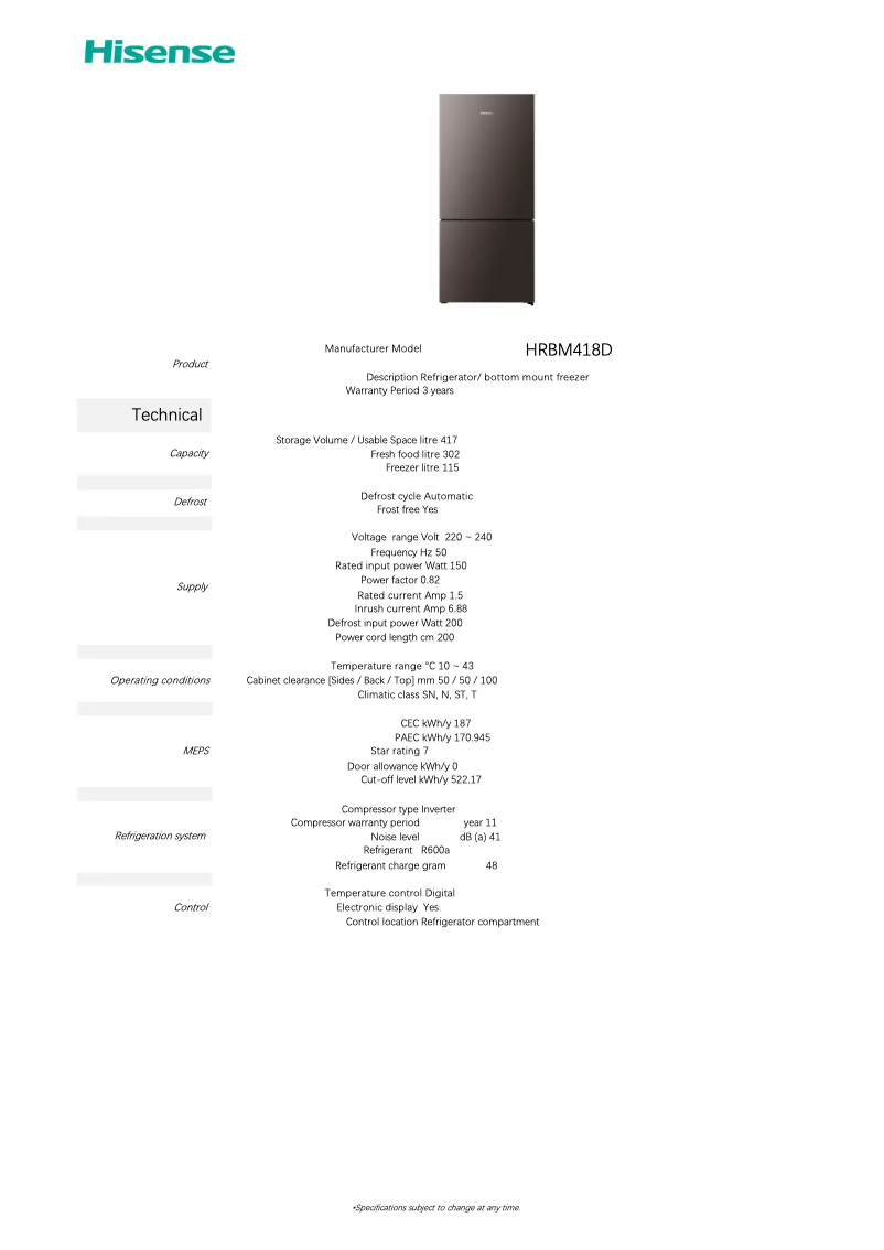 Page 1 of the manual Technical Sheet Hisense HRBM418D