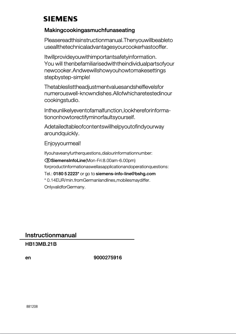 First page image of the manual for HB13MB221B