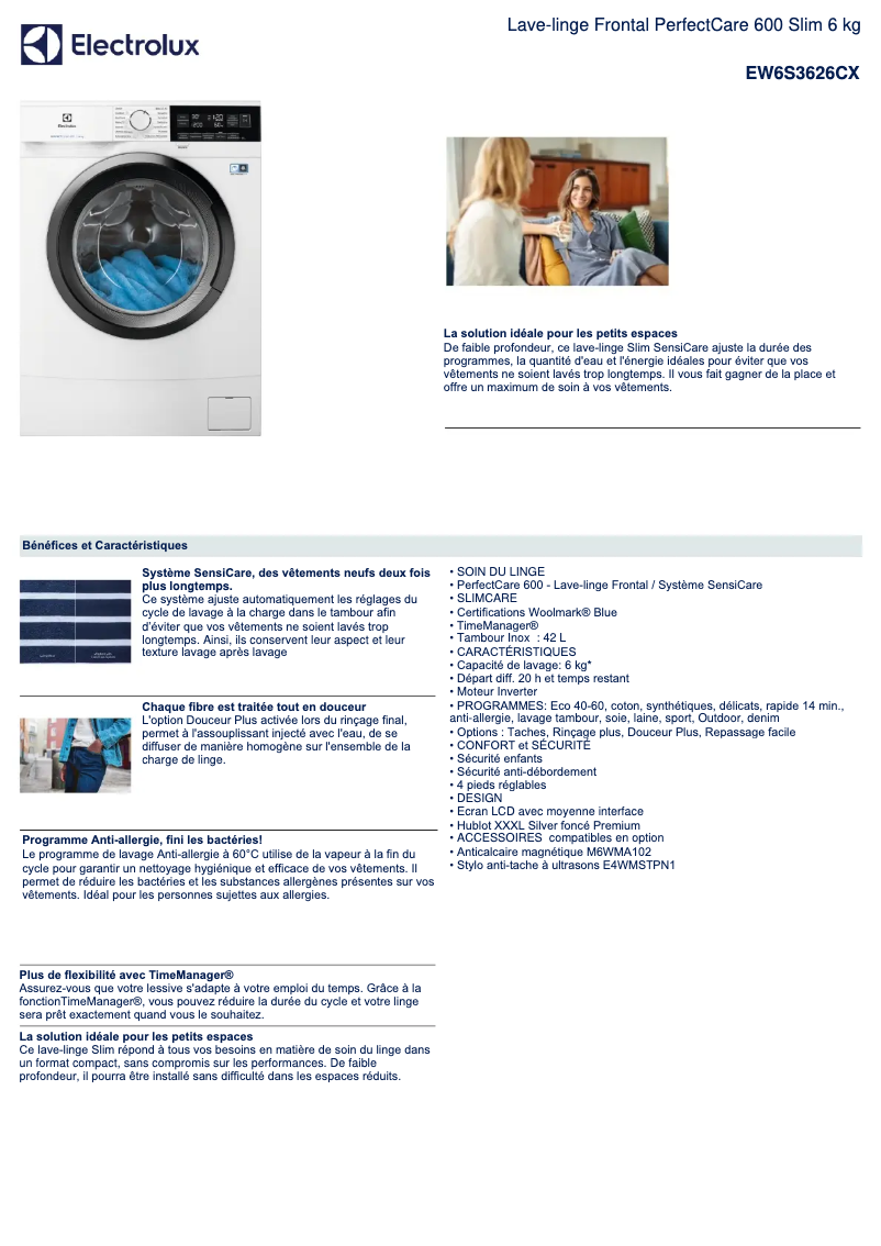 Page 1 of the manual Technical Sheet Electrolux EW6S3626CX