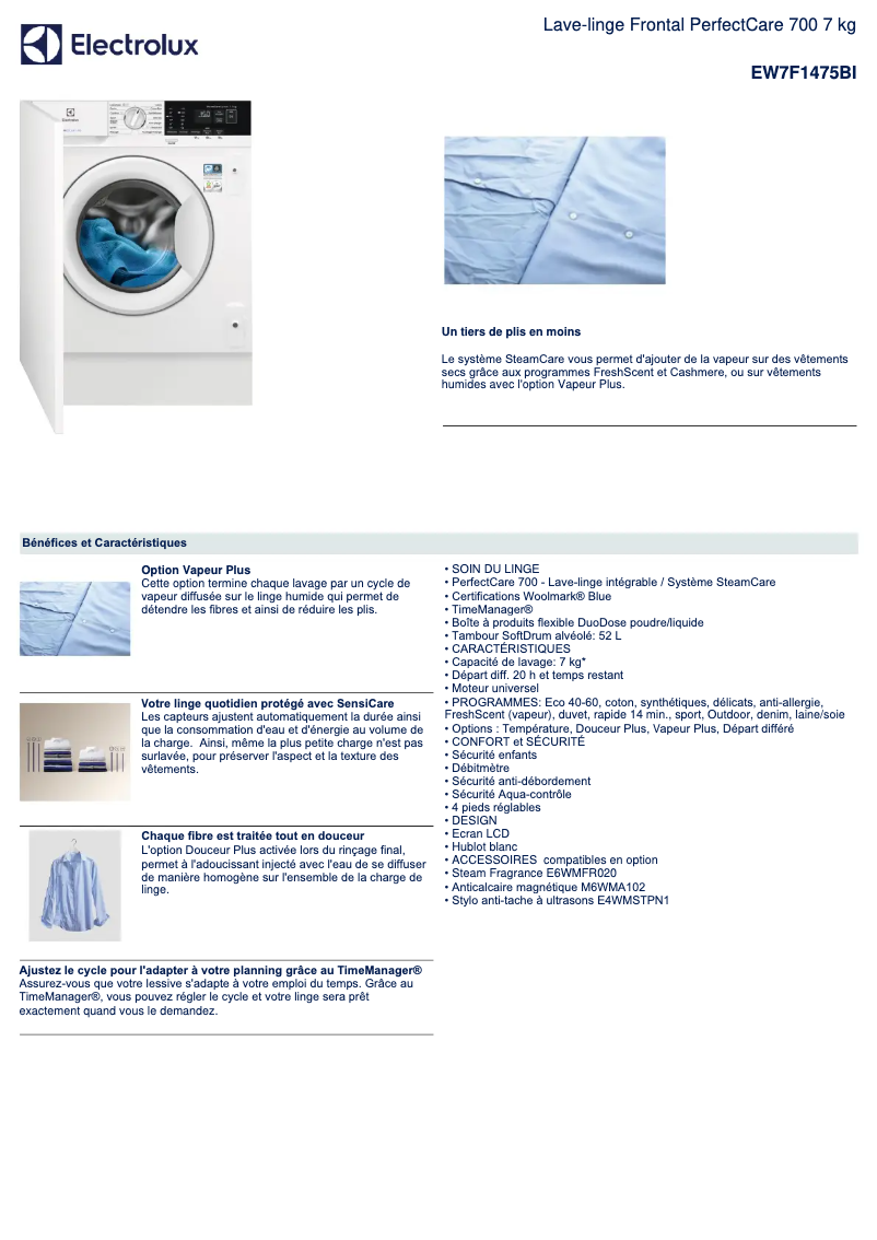 Page 1 of the manual Technical Sheet Electrolux EW7F1475BI