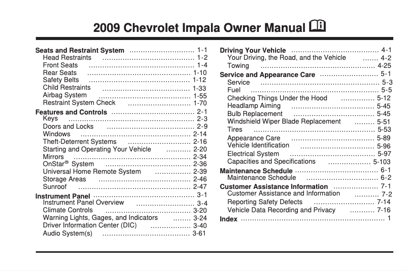 First page image of the manual for Impala (2009)