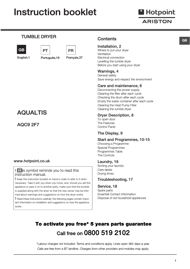 First page image of the manual for Aqualtis AQC9 2F7
