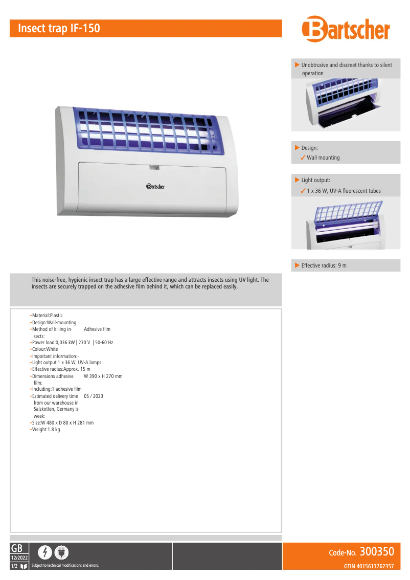 Page 1 of the manual Technical Sheet Bartscher IF-150