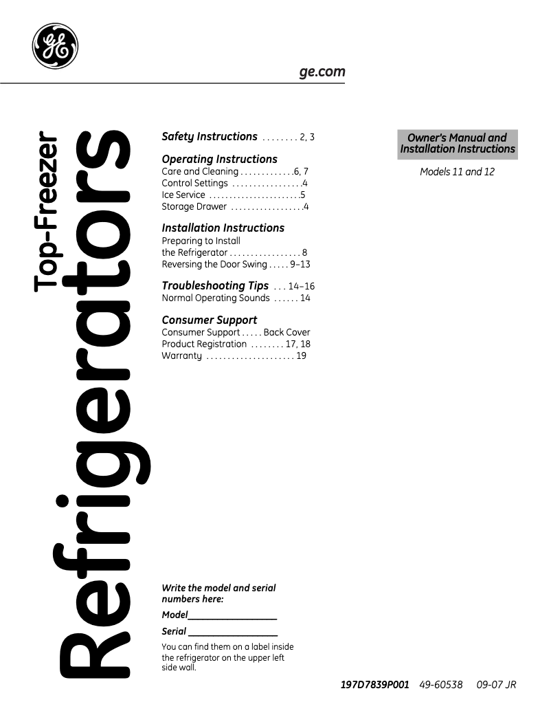 Page 1 of the manual Installation Guide GE GTS12BBPLWW
