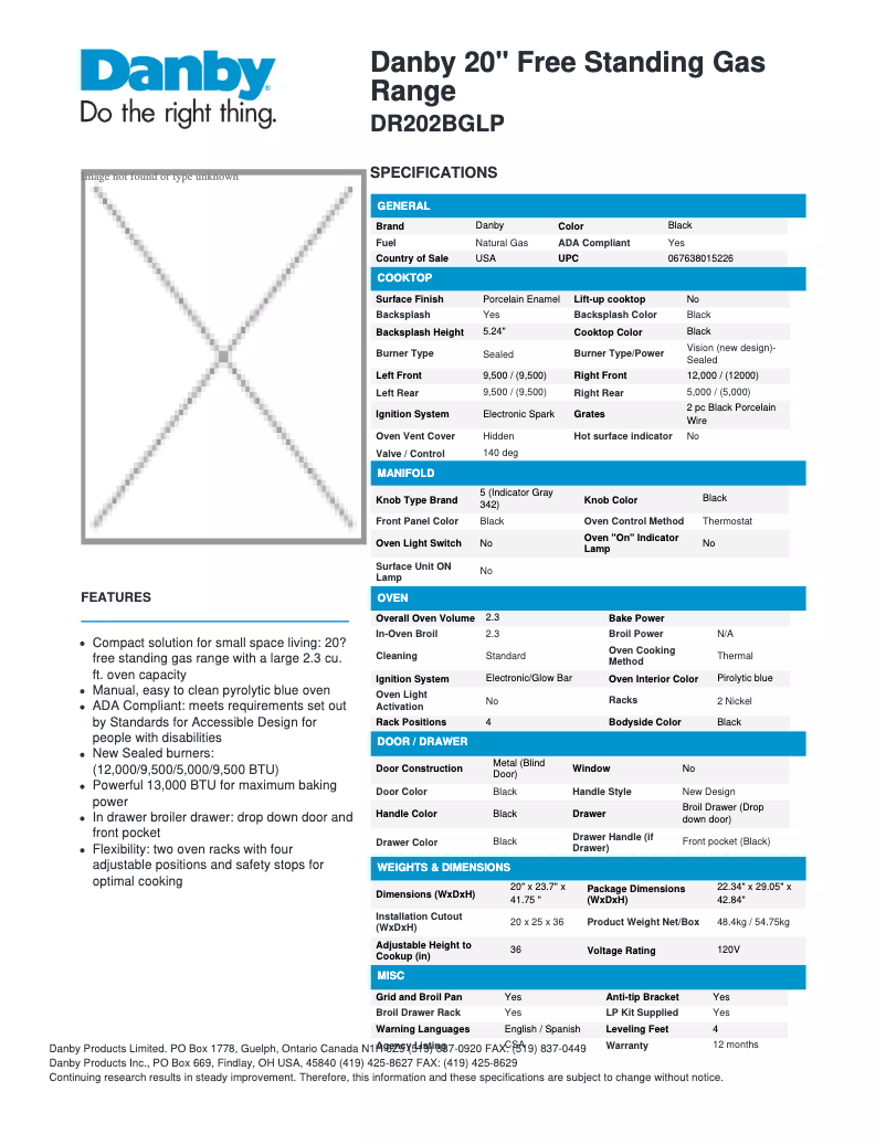 Page 1 of the manual Technical Sheet Danby DR202BGLP