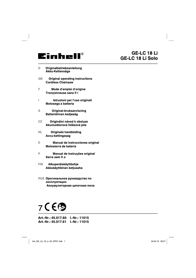 First page image of the manual for GE-LC 18 Li-Solo