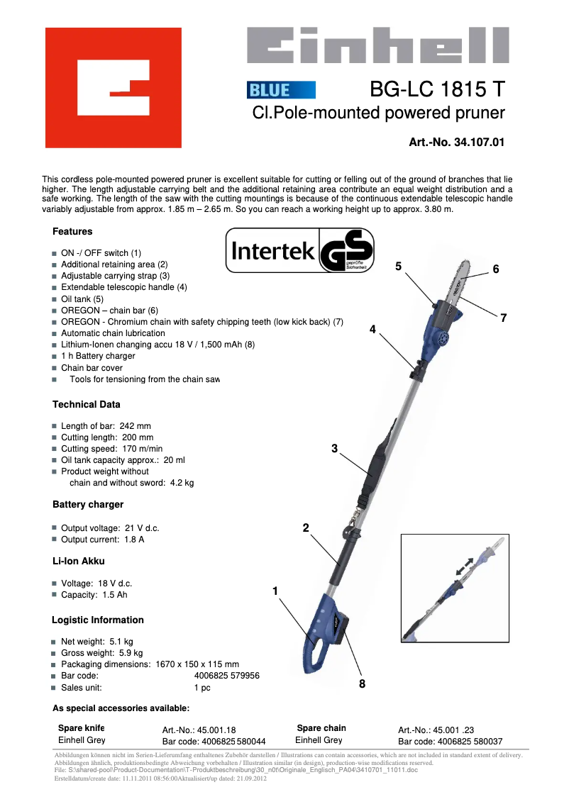 Page 1 of the manual Technical Sheet Einhell BG-LC 1815 T