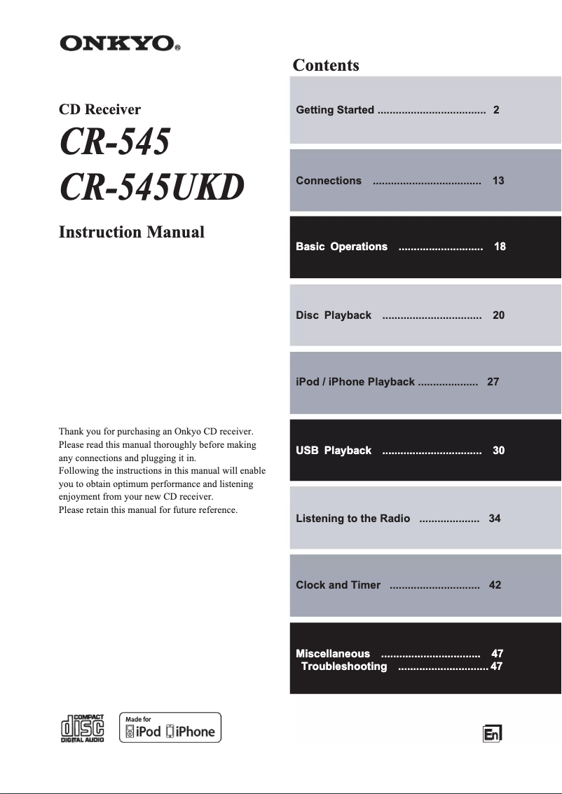 Page 1 de la notice Manuel utilisateur Onkyo CR-545