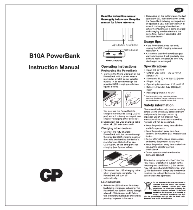 Page 1 of the manual User Manual GP Batteries Portable PowerBank B10A