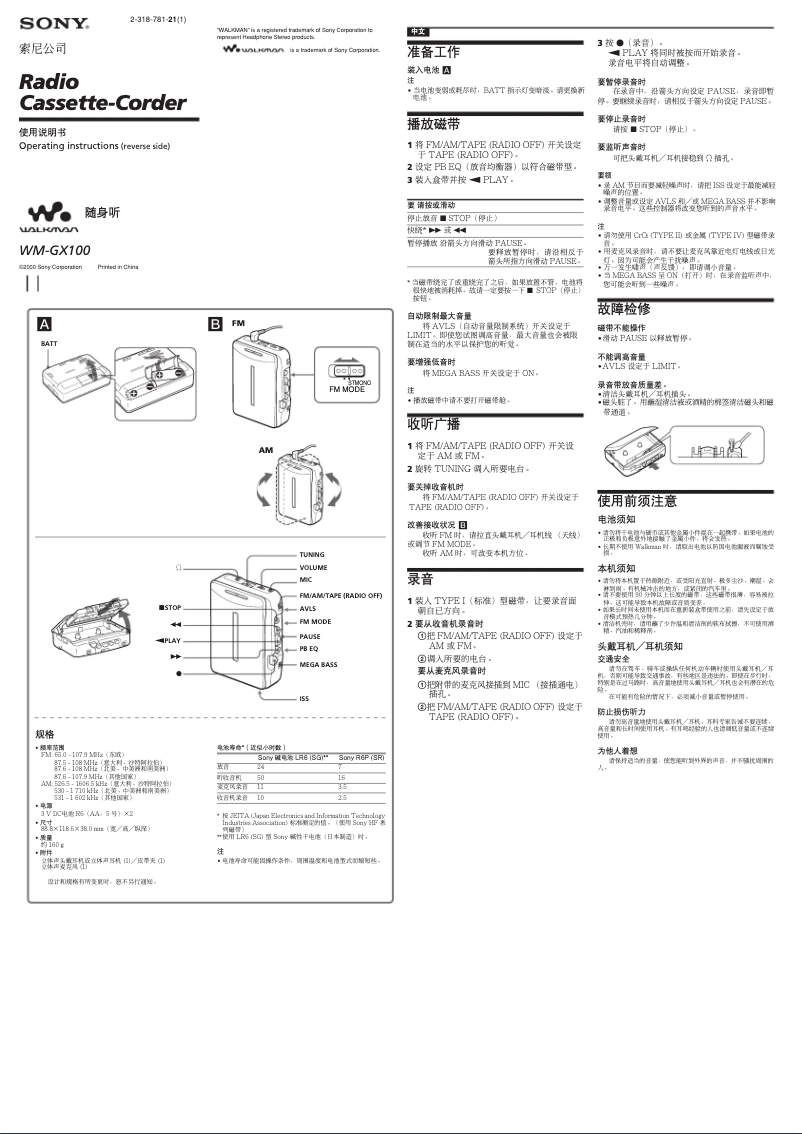 Page 1 of the manual User Manual Sony Walkman WM-GX100