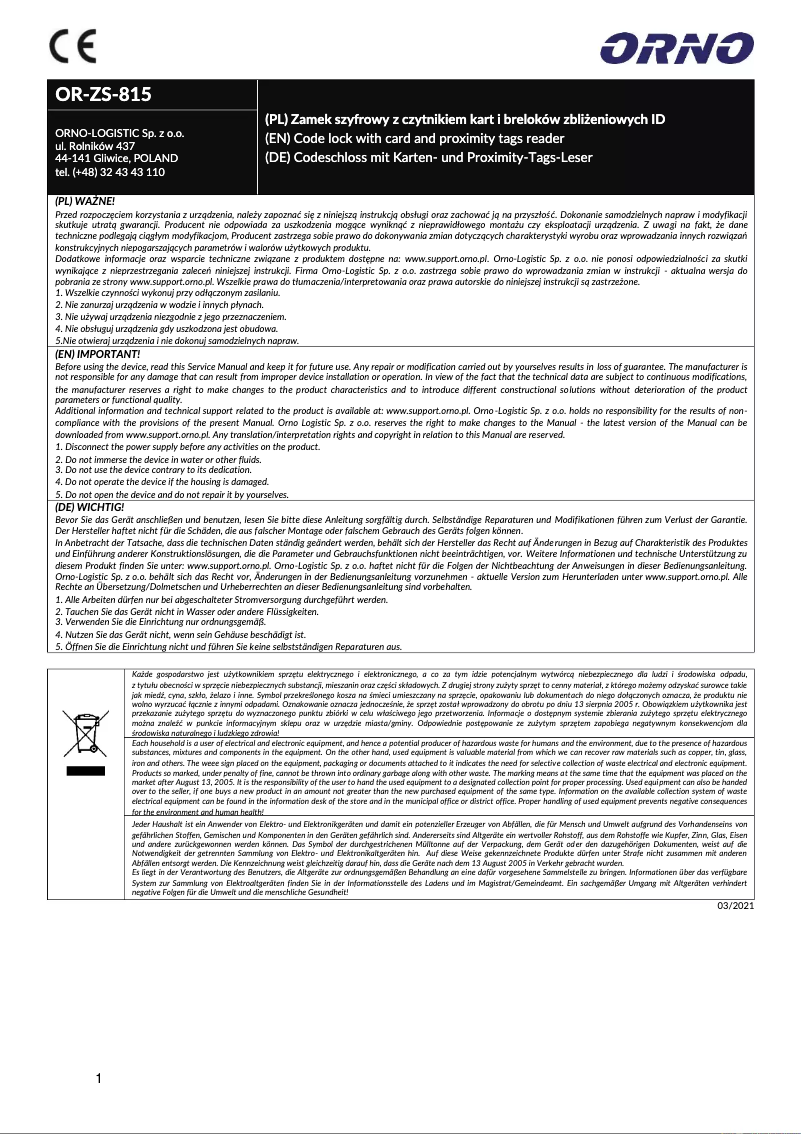 Page 1 of the manual User Manual ORNO OR-ZS-815