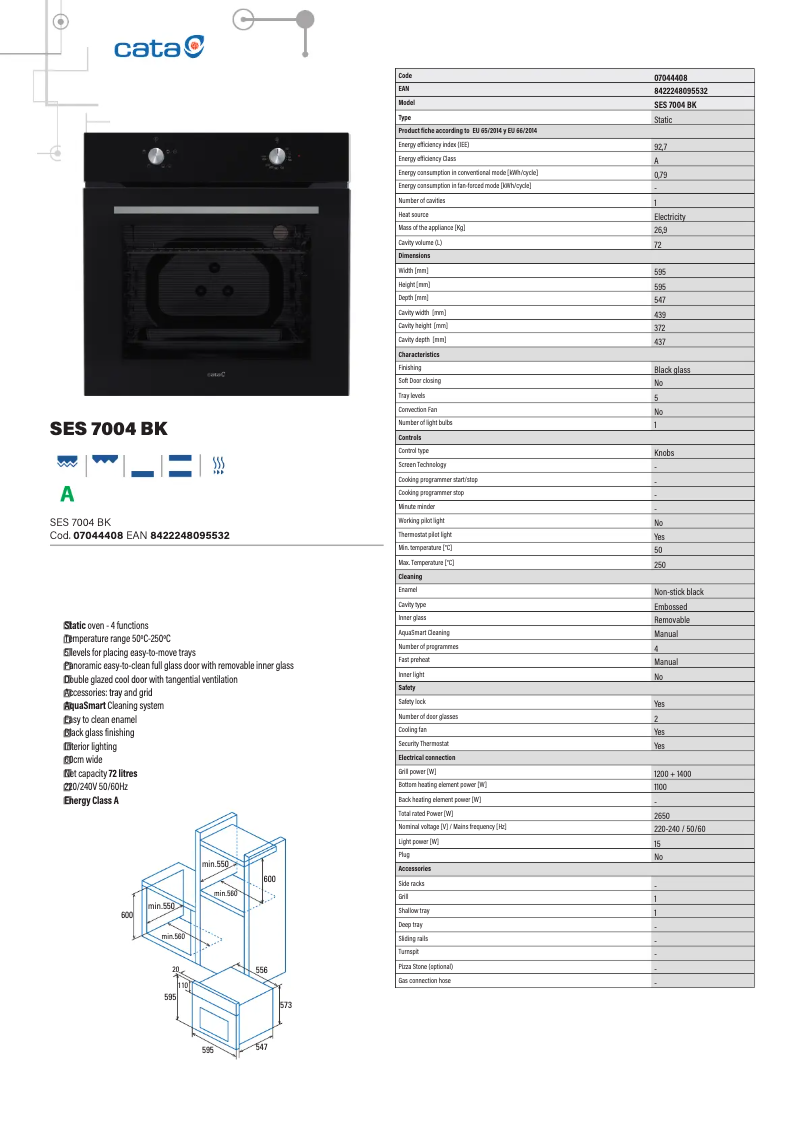 Page 1 of the manual Technical Sheet CATA SES 7004 BK