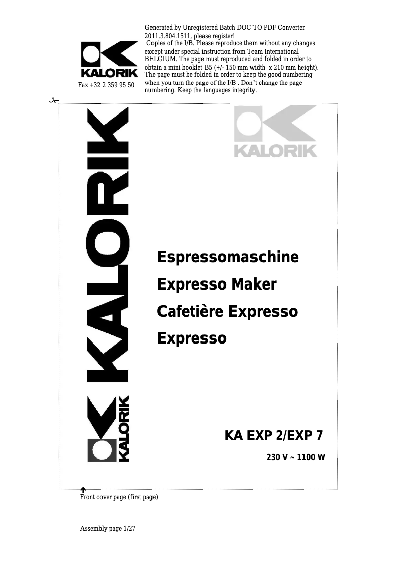 First page image of the manual for KA EXP 7