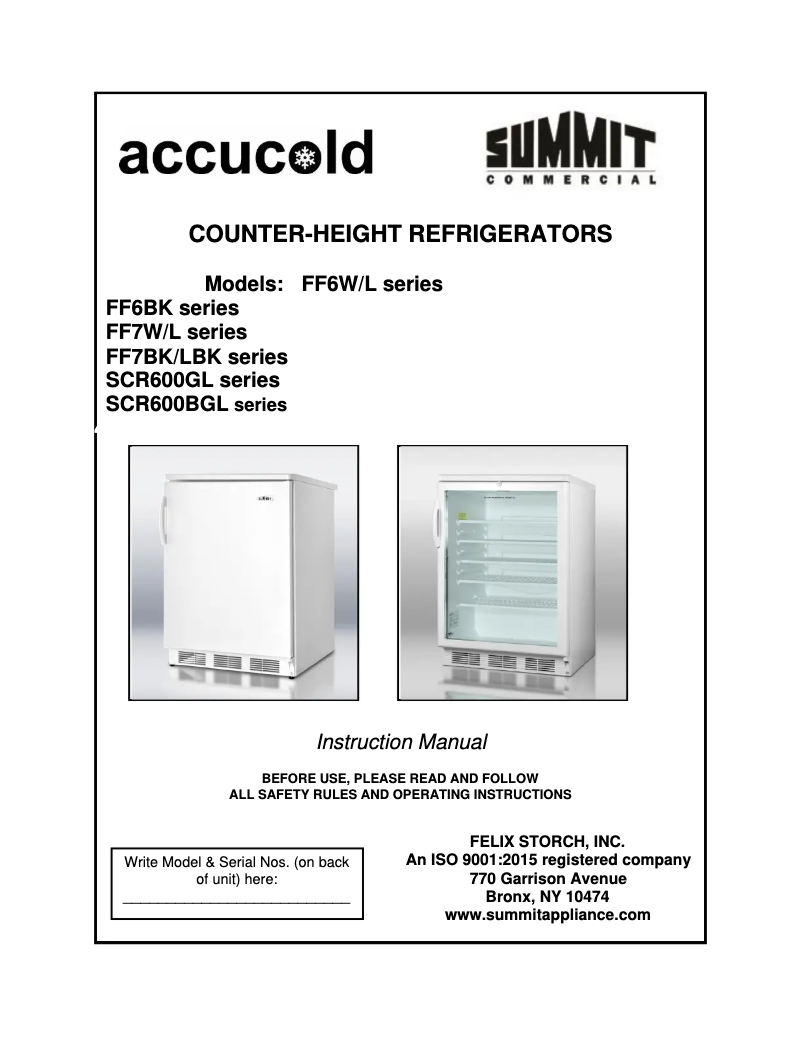 Page 1 of the manual User Manual Accucold AL752BKSSHH