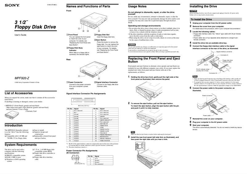 First page image of the manual for MPF920-Z