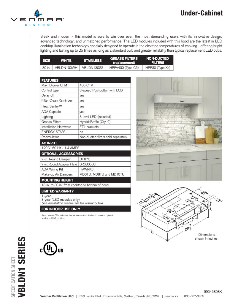 Page 1 of the manual Technical Sheet Venmar Bistro VBLDN130WH